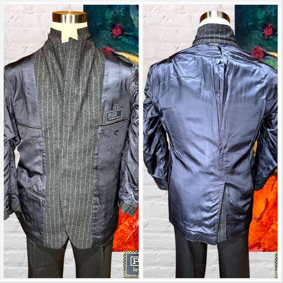 Vintage Polo Ralph Lauren 40R Gray Stripe Wide Lapel Flannel Blazer Sport Jacket - Picture 10 of 15